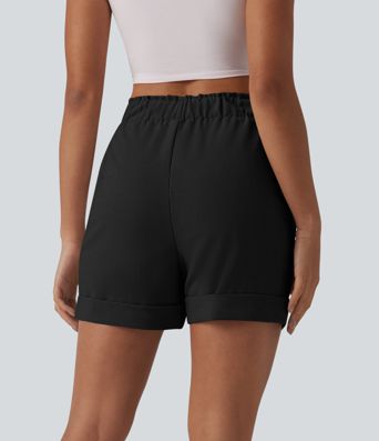 Lässige Shorts in Leinenoptik mit hohem Bund, Seitentaschen und Rüschen Lässige Shorts in Leinenoptik mit hohem Bund, Seitentaschen und Rüschen