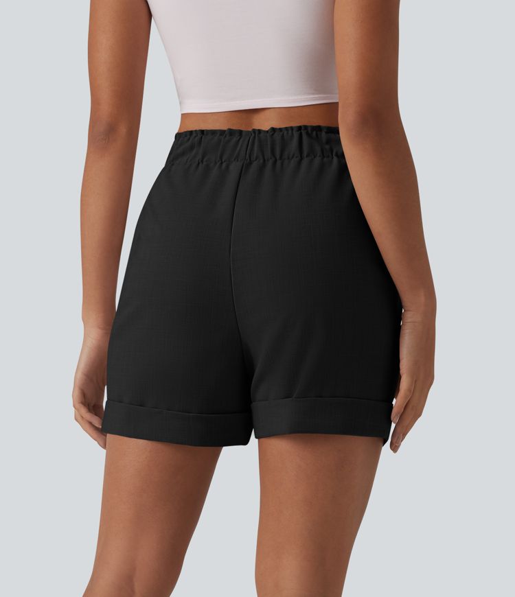 Lässige Shorts in Leinenoptik mit hohem Bund, Seitentaschen und Rüschen Lässige Shorts in Leinenoptik mit hohem Bund, Seitentaschen und Rüschen