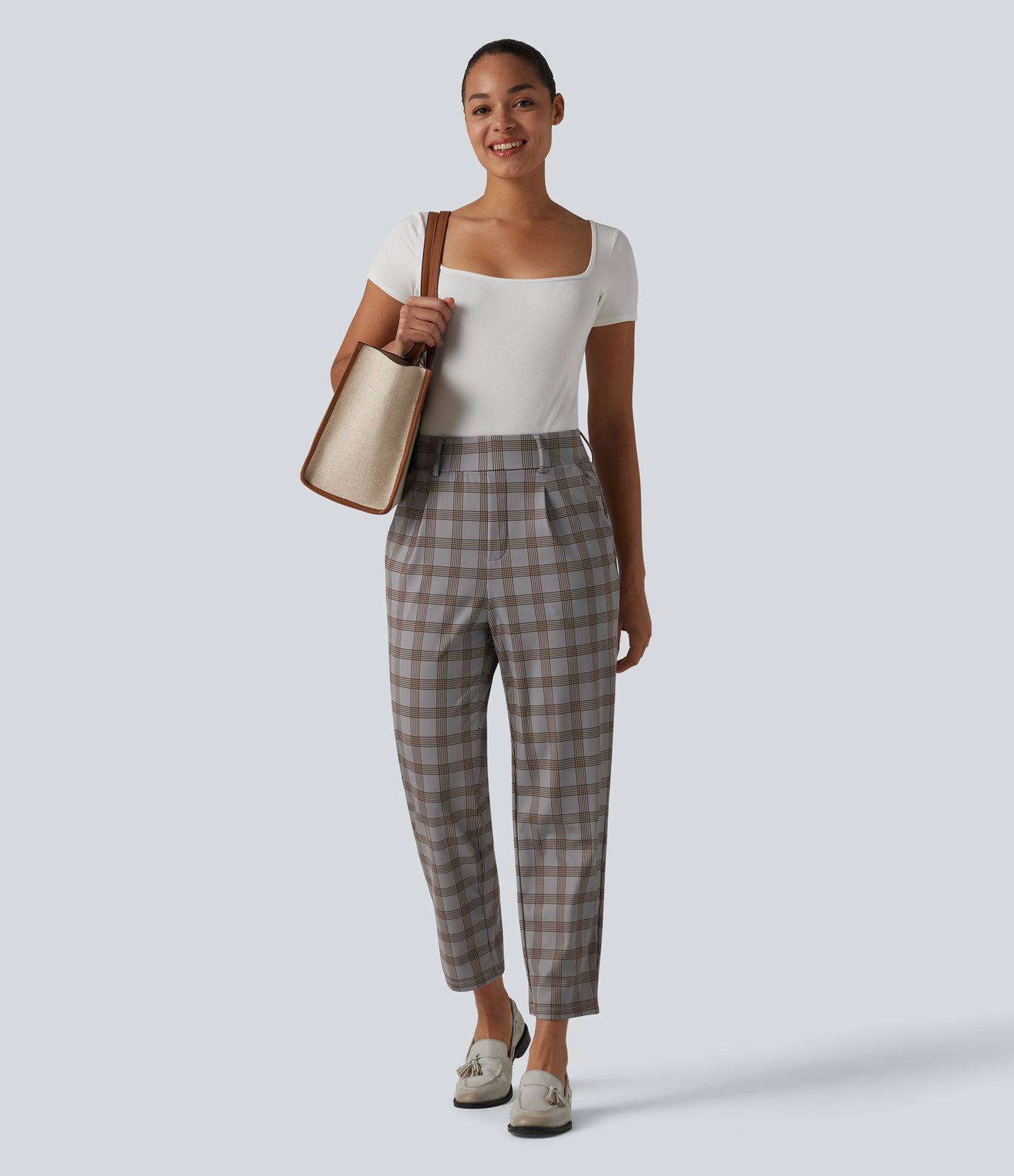 Halara Flex™ High Waisted Plaid Tapered Work Pants with Pockets