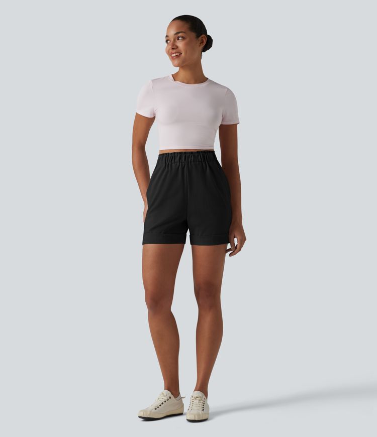 Lässige Shorts in Leinenoptik mit hohem Bund, Seitentaschen und Rüschen Lässige Shorts in Leinenoptik mit hohem Bund, Seitentaschen und Rüschen