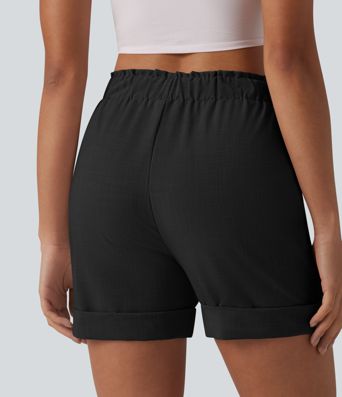 Lässige Shorts in Leinenoptik mit hohem Bund, Seitentaschen und Rüschen Lässige Shorts in Leinenoptik mit hohem Bund, Seitentaschen und Rüschen