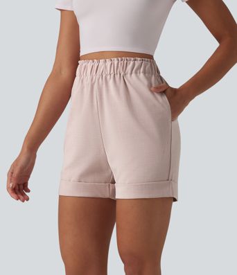 Lässige Shorts in Leinenoptik mit hohem Bund, Seitentaschen und Rüschen