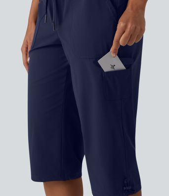 Pantalon casual corsaire droit taille mi-haute toucher frais à séchage rapide, cordon de serrage et poches – Protection UPF 40+