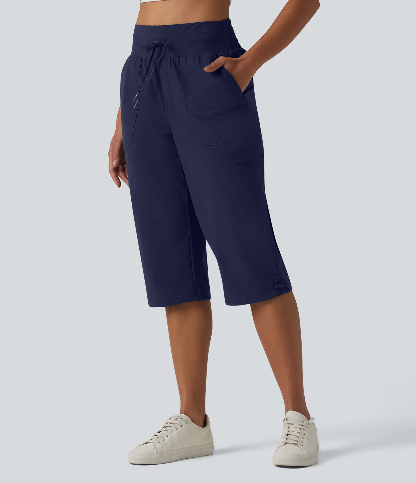 Pantalon casual corsaire droit taille mi-haute toucher frais à séchage rapide, cordon de serrage et poches – Protection UPF 40+