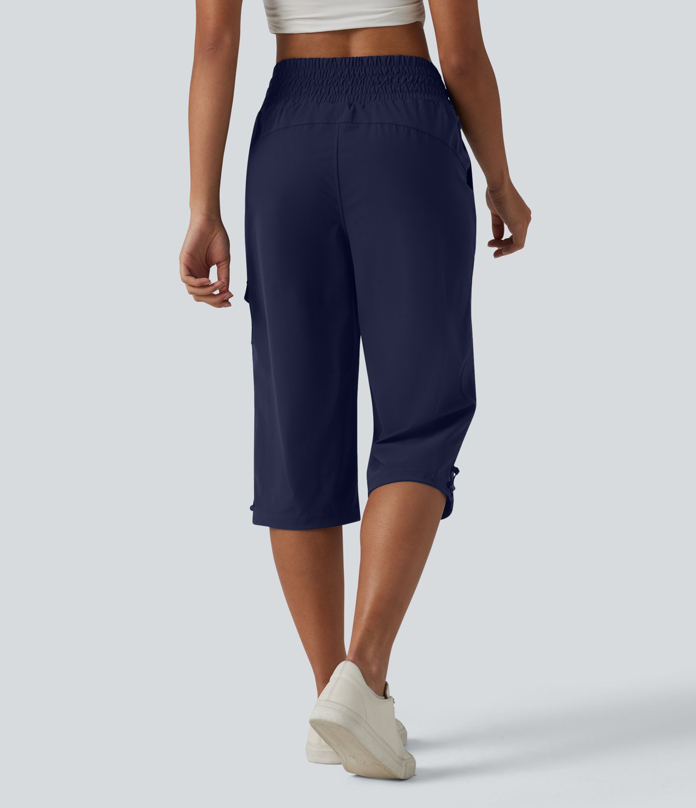 Pantalon casual corsaire droit taille mi-haute toucher frais à séchage rapide, cordon de serrage et poches – Protection UPF 40+