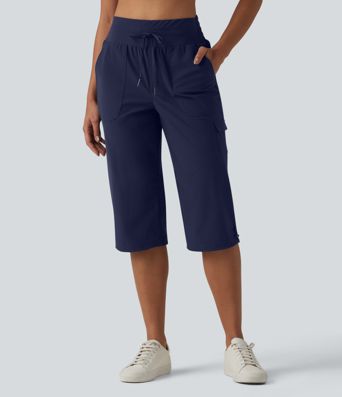 Pantalon casual corsaire droit taille mi-haute toucher frais à séchage rapide, cordon de serrage et poches – Protection UPF 40+