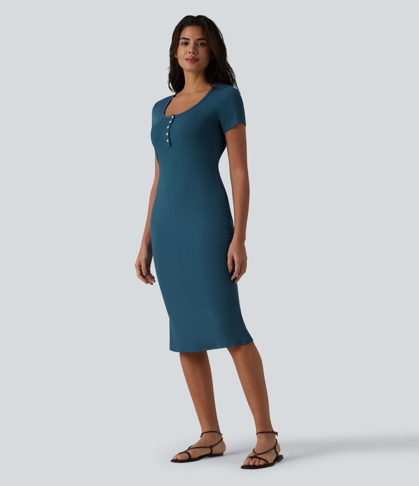 Ribbed Knit Henley Short Sleeve Midi Bodycon Mermaid Casual Dress