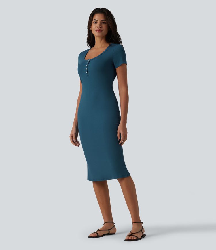 Ribbed Knit Henley Short Sleeve Midi Bodycon Mermaid Casual Dress