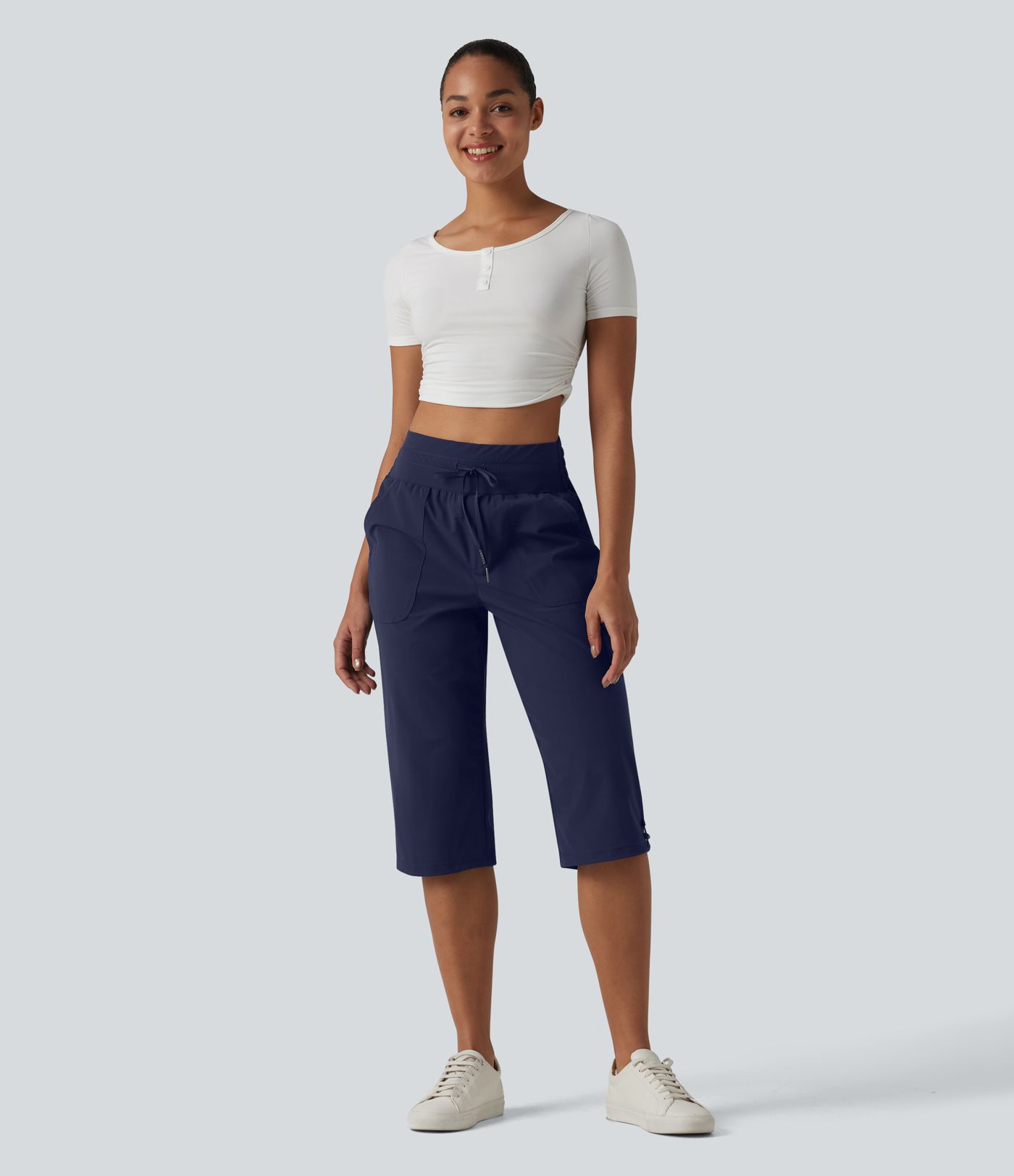 Pantalon casual corsaire droit taille mi-haute toucher frais à séchage rapide, cordon de serrage et poches – Protection UPF 40+