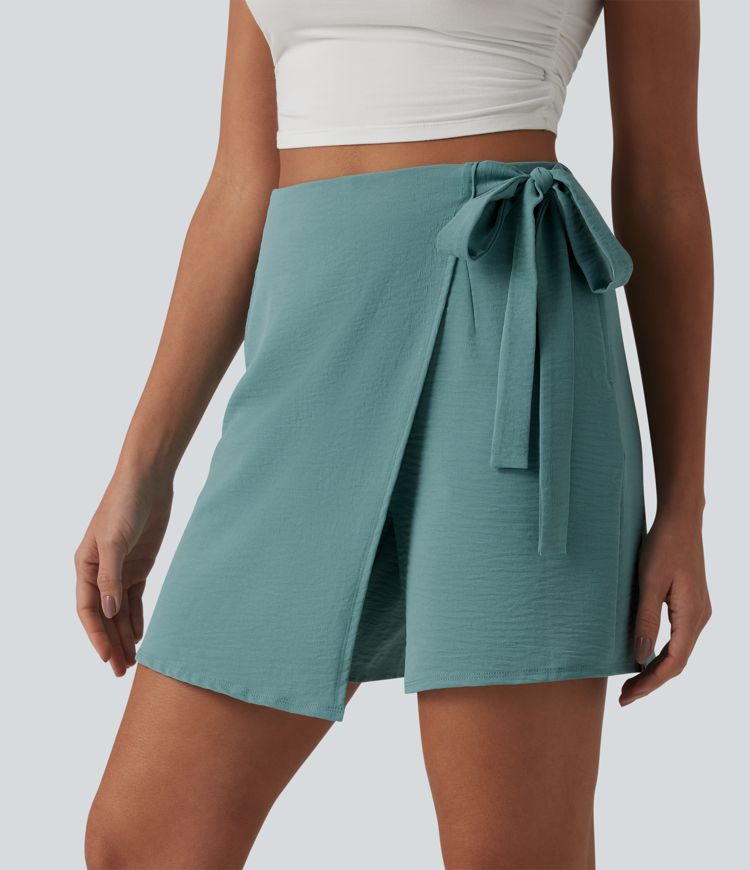 High Waisted Tie-side Linen-Feel Casual Skort