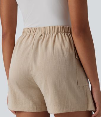 Neformální sukňové šortky (skort) s vysokým pasem, skrytým zipem, lněným vzhledem a kapsou