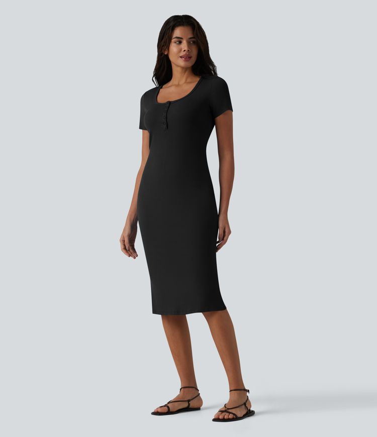 Robe midi casual moulante en maille côtelée à manches courtes, col henley et bas sirène