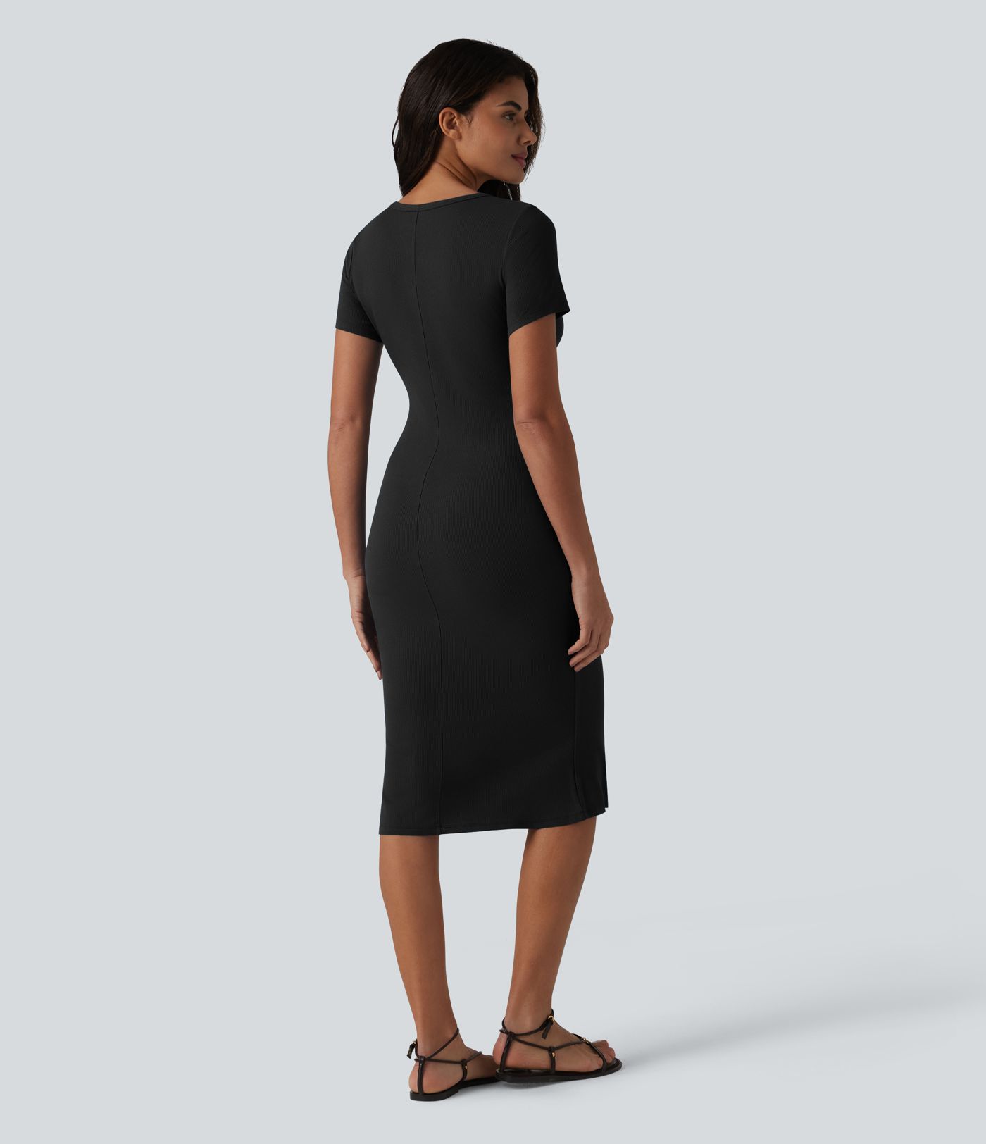 Robe midi casual moulante en maille côtelée à manches courtes, col henley et bas sirène