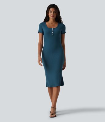 Ribbed Knit Henley Short Sleeve Midi Bodycon Mermaid Casual Dress