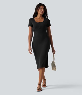 Robe midi casual moulante en maille côtelée à manches courtes, col henley et bas sirène