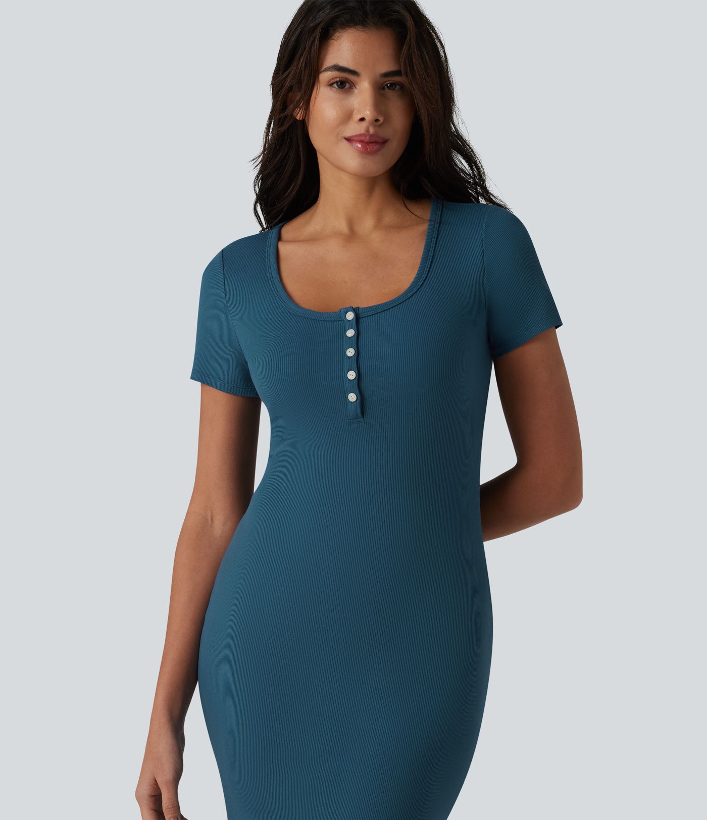 Ribbed Knit Henley Short Sleeve Midi Bodycon Mermaid Casual Dress
