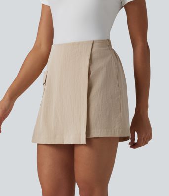 Neformální sukňové šortky (skort) s vysokým pasem, skrytým zipem, lněným vzhledem a kapsou