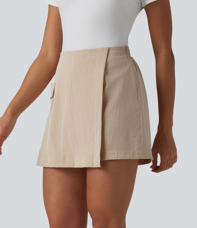 Neformální sukňové šortky (skort) s vysokým pasem, skrytým zipem, lněným vzhledem a kapsou