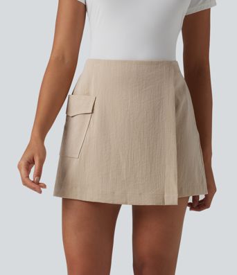 Neformální sukňové šortky (skort) s vysokým pasem, skrytým zipem, lněným vzhledem a kapsou