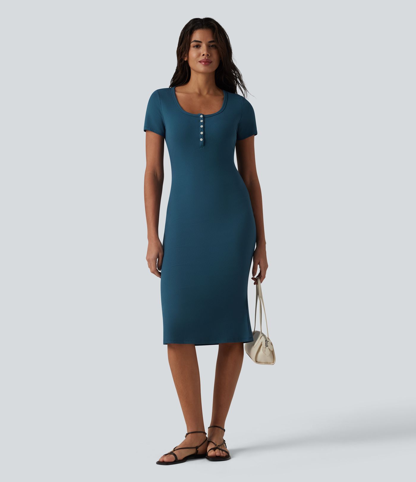 Ribbed Knit Henley Short Sleeve Midi Bodycon Mermaid Casual Dress
