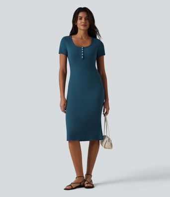 Ribbed Knit Henley Short Sleeve Midi Bodycon Mermaid Casual Dress