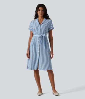 Collar Short Sleeve Belted Midi Stripe Linen-Feel Work Shirt Dress with Pockets