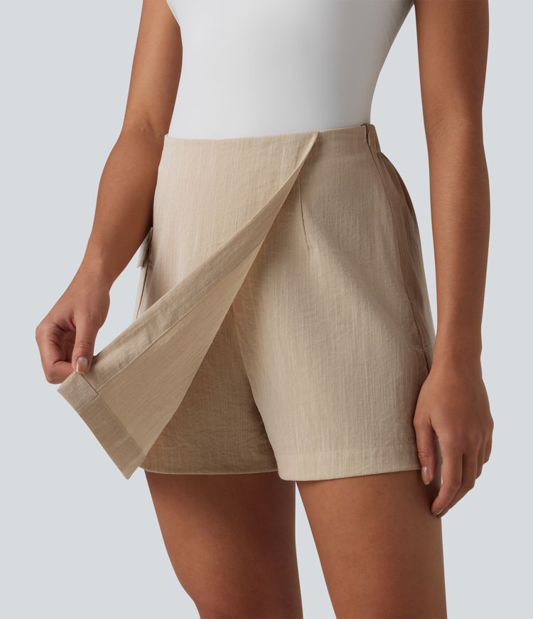 Neformální sukňové šortky (skort) s vysokým pasem, skrytým zipem, lněným vzhledem a kapsou