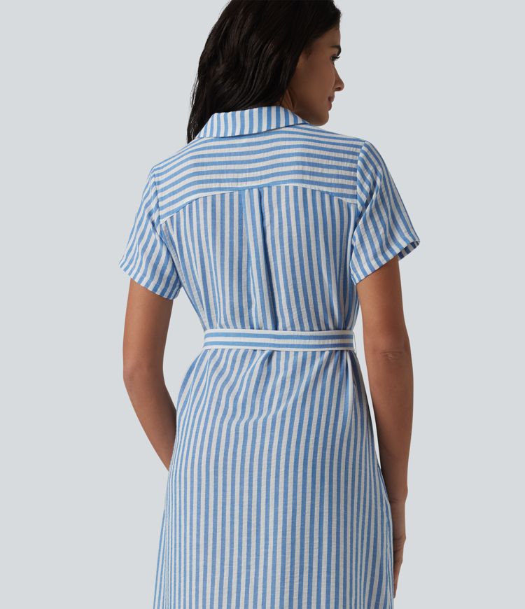 Collar Short Sleeve Belted Midi Stripe Linen-Feel Work Shirt Dress with Pockets