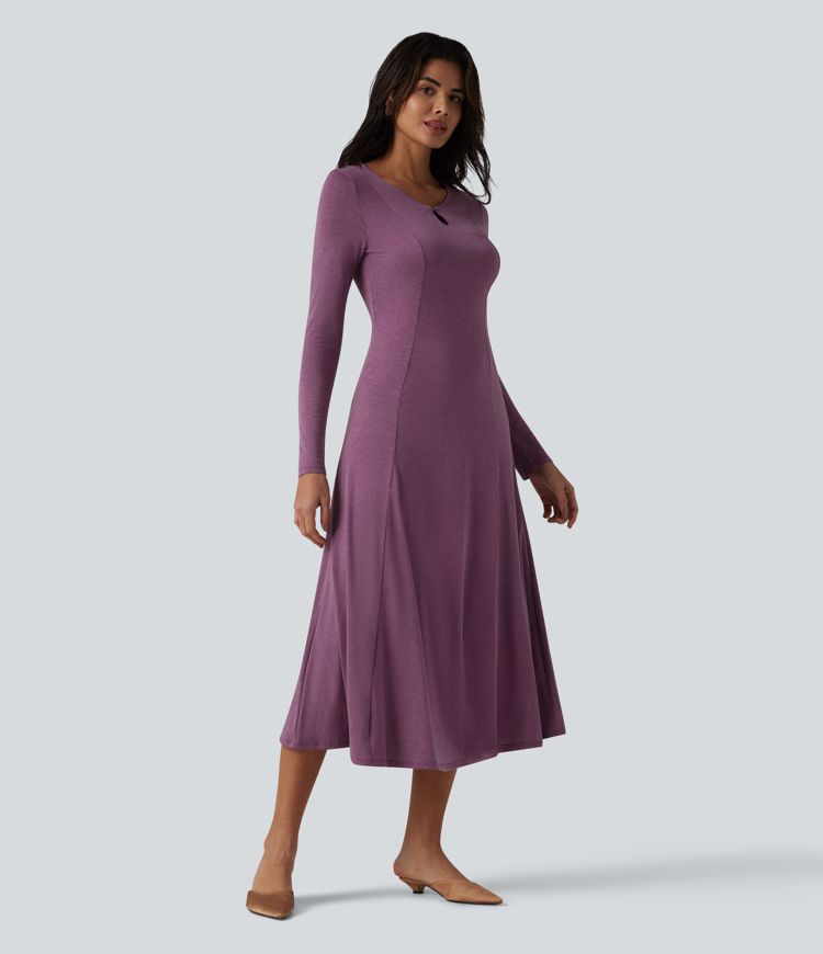 long sleeve gala dresses for women Ever-Pretty Plus Size Empire Waist A-Line V-Neck Holiday Dress with Long Lantern Sleeves