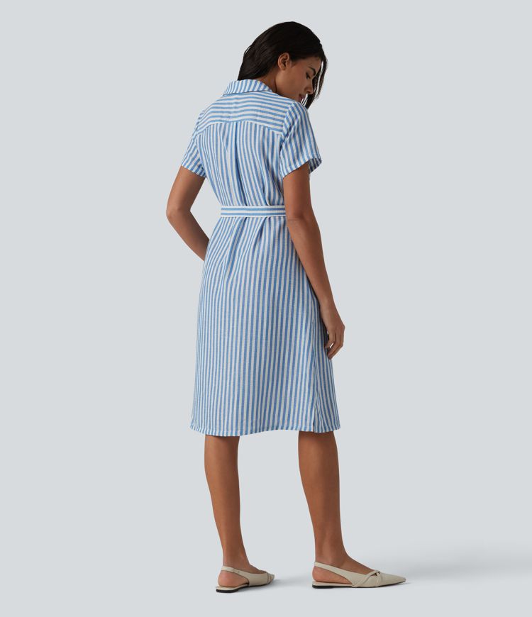Collar Short Sleeve Belted Midi Stripe Linen-Feel Work Shirt Dress with Pockets