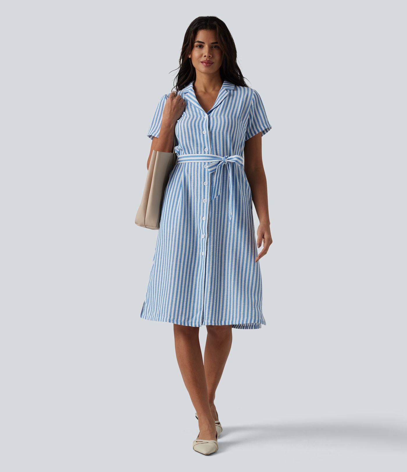 Collar Short Sleeve Belted Midi Stripe Linen-Feel Work Shirt Dress with Pockets