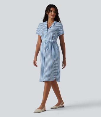 Collar Short Sleeve Belted Midi Stripe Linen-Feel Work Shirt Dress with Pockets