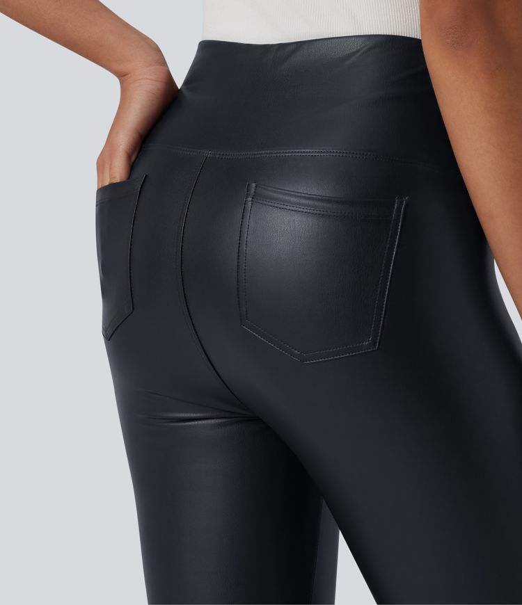 High Waisted Tummy Control Stretchy PU Casual 7/8 Leggings with Pockets