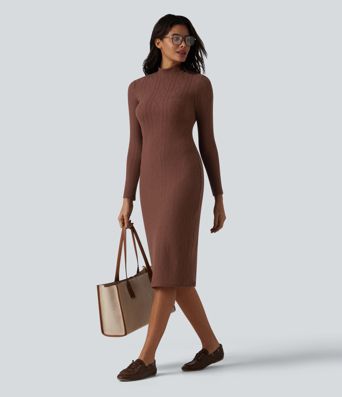 High-neck Long Sleeve Bodycon Midi Cable Knit Work Dress