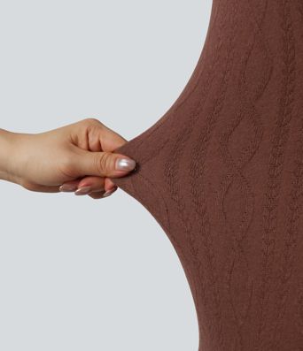 High-neck Long Sleeve Bodycon Midi Cable Knit Work Dress