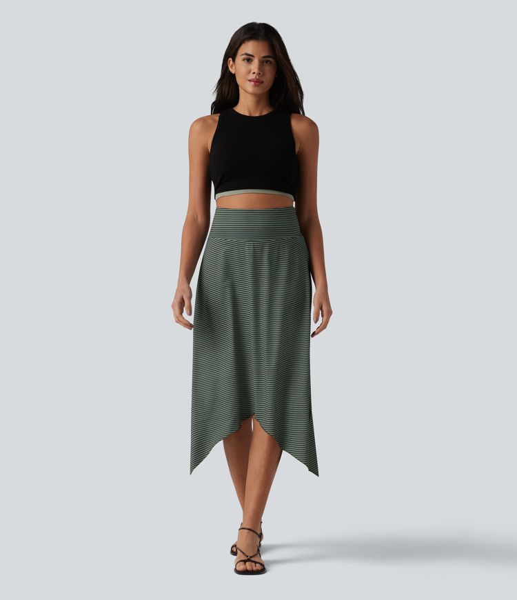 Jupe midi fluide casual taille haute à rayures et ourlet asymétrique mouchoir