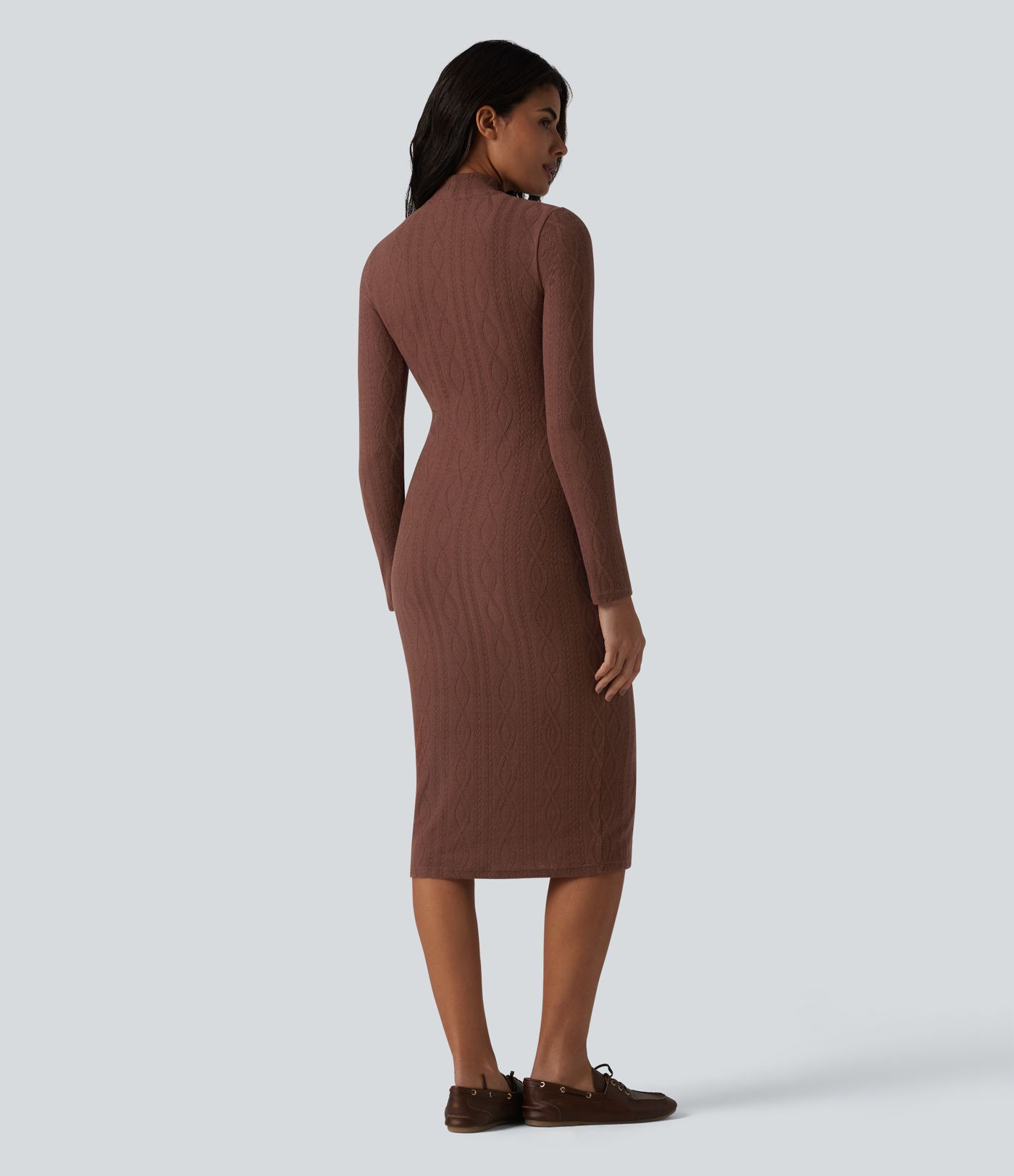 High-neck Long Sleeve Bodycon Midi Cable Knit Work Dress