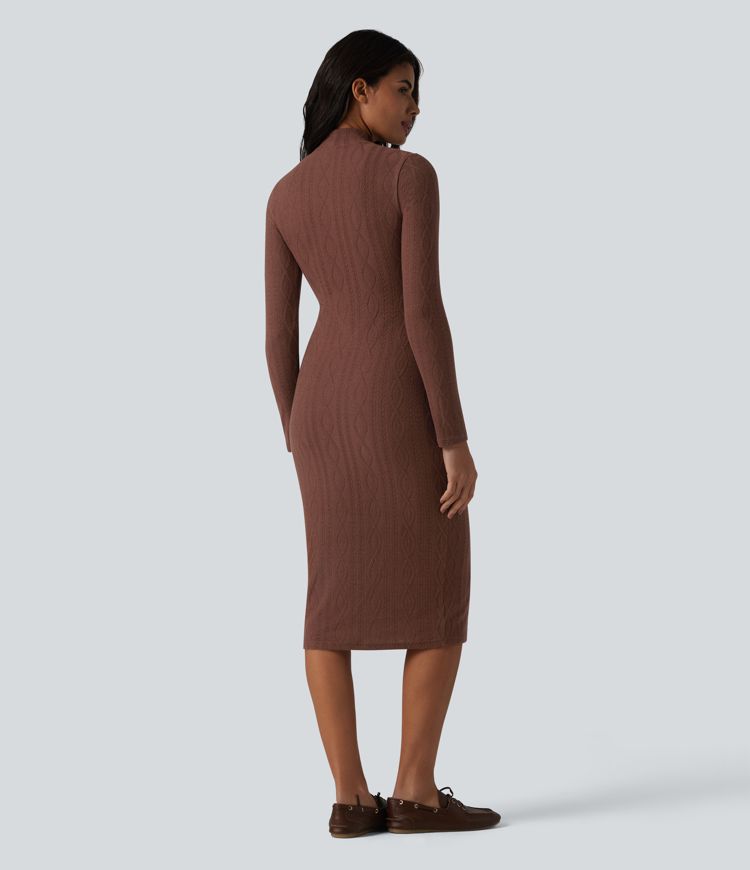 High-neck Long Sleeve Bodycon Midi Cable Knit Work Dress