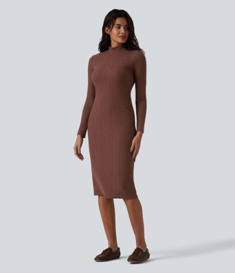High-neck Long Sleeve Bodycon Midi Cable Knit Work Dress