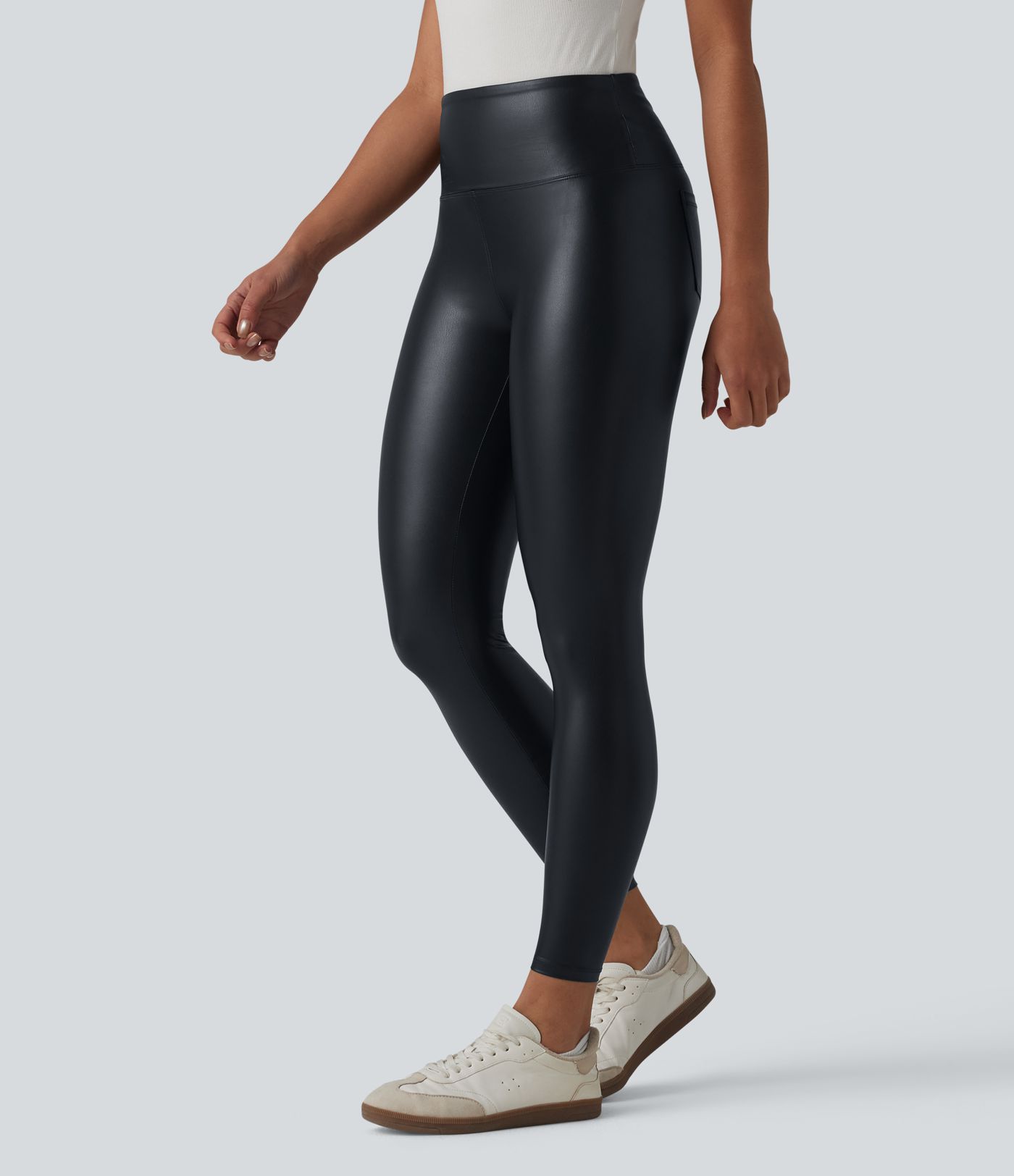 High Waisted Tummy Control Stretchy PU Casual 7/8 Leggings with Pockets