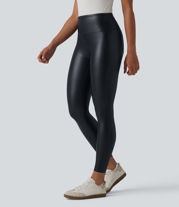High Waisted Tummy Control Stretchy PU Casual 7/8 Leggings with Pockets