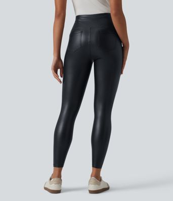 High Waisted Tummy Control Stretchy PU Casual 7/8 Leggings with Pockets