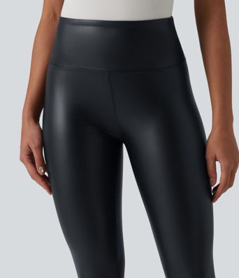 High Waisted Tummy Control Stretchy PU Casual 7/8 Leggings with Pockets