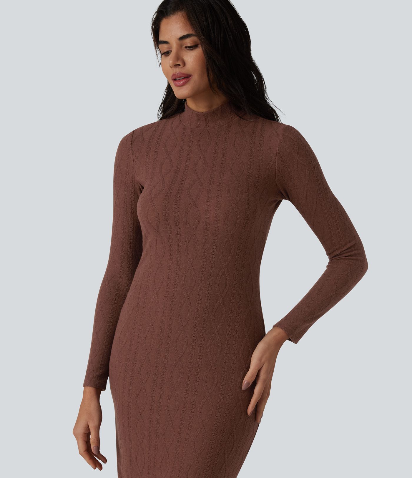 High-neck Long Sleeve Bodycon Midi Cable Knit Work Dress