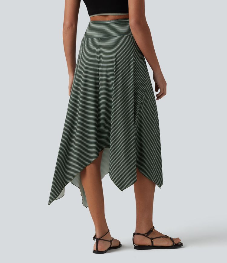 Jupe midi fluide casual taille haute à rayures et ourlet asymétrique mouchoir