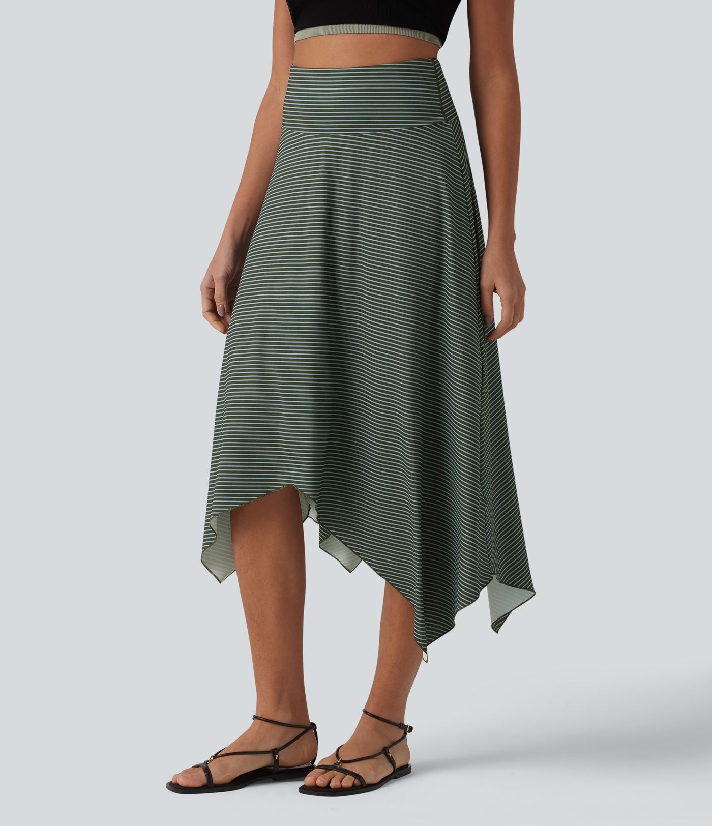 Jupe midi fluide casual taille haute à rayures et ourlet asymétrique mouchoir