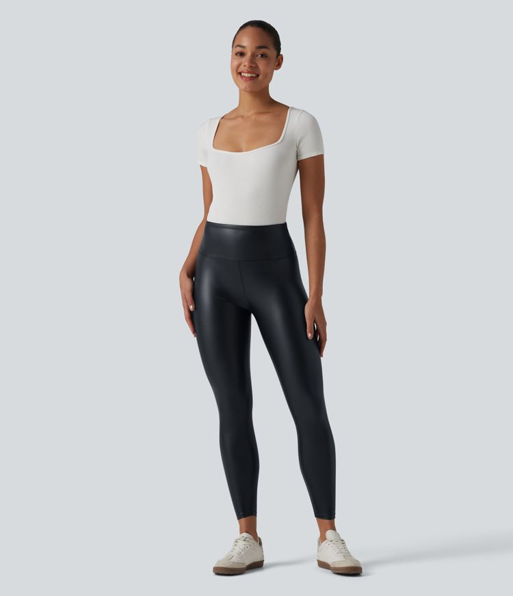 High Waisted Tummy Control Stretchy PU Casual 7/8 Leggings with Pockets