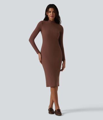 High-neck Long Sleeve Bodycon Midi Cable Knit Work Dress