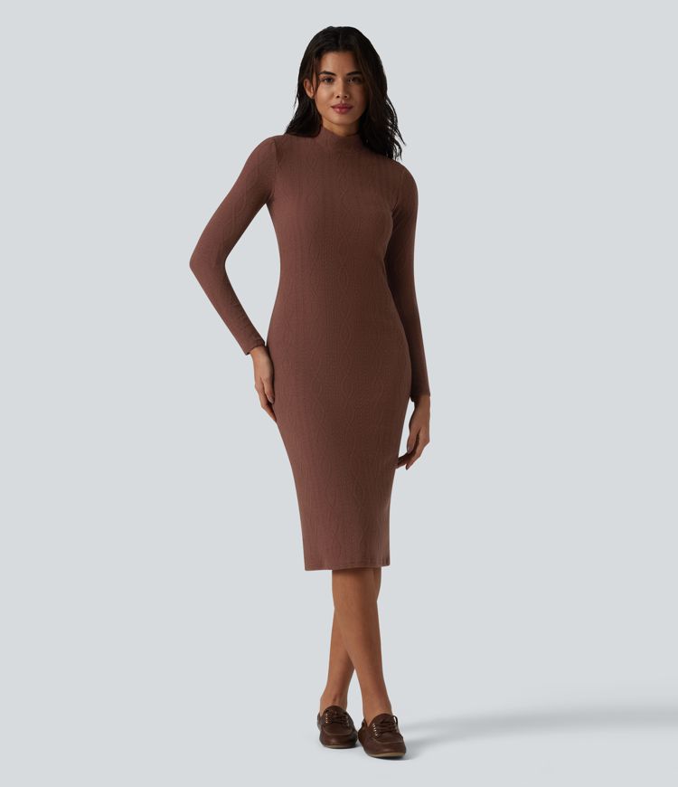 High-neck Long Sleeve Bodycon Midi Cable Knit Work Dress