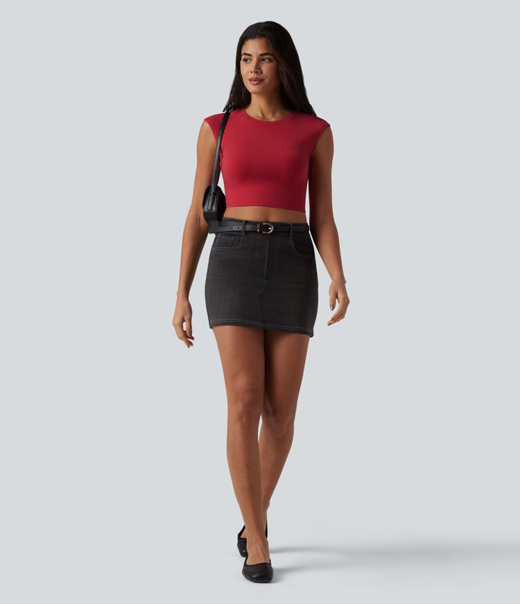Round Neck Cap Sleeve Cropped Casual T-Shirt Round Neck Cap Sleeve Cropped Casual T-Shirt
